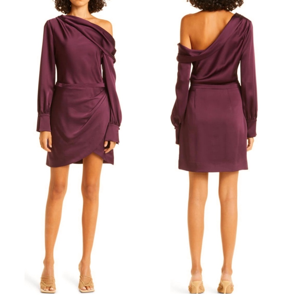 JONATHAN SIMKHAI Cameron NEW Long Sleeve One Shoulder Mini Dress Size 14 Plum